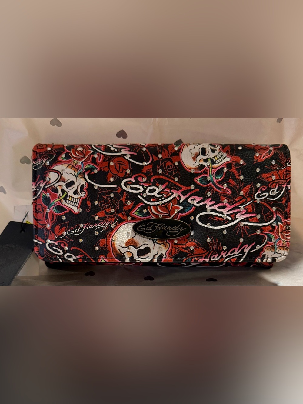 Ed Hardy Black Trifold Wallet with Multicolor Skull & Rose Print